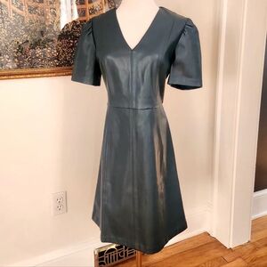 Ann Taylor Factory Green Faux Leather V-Neck A-Line Dress, Size 10, Like New